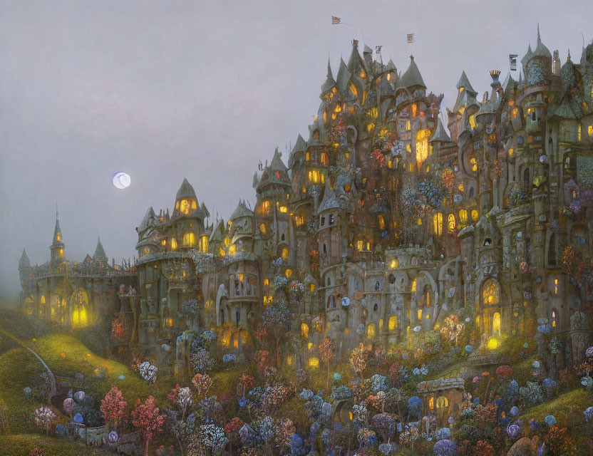Fantasy castle with towers and gardens under crescent moon