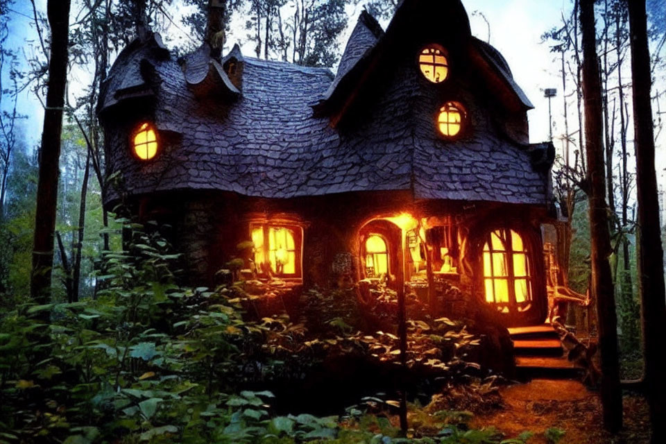 Enchanting Woodland Cottage with Curved Roof and Lit Windows