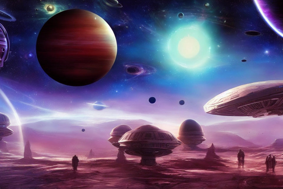 Alien planet with moons, sun, UFO spacecraft, and explorers