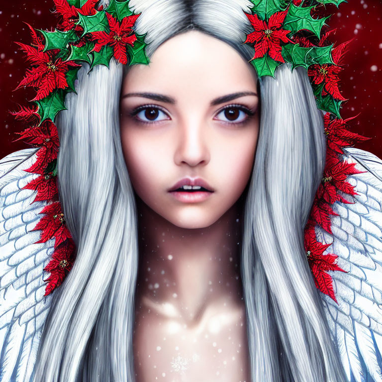 Silver-haired woman with angel wings and festive wreath in snowy scene