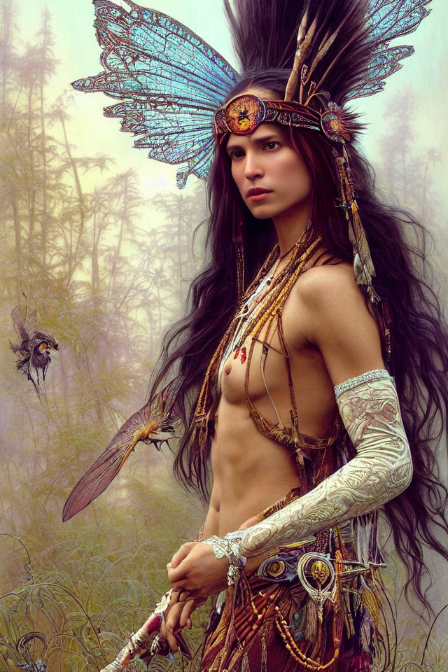 Fantasy figure with butterfly wings in misty forest wearing Native American-inspired headdress.