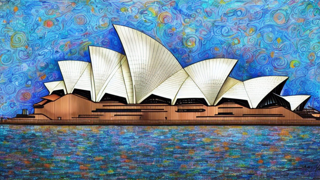 Sydney Opera House with Van Gogh-style blue sky and water
