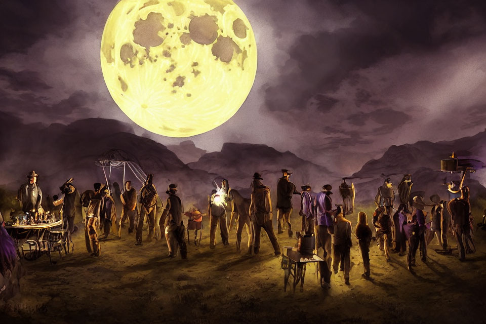 People in Western attire under large yellow moon in dusky desert landscape