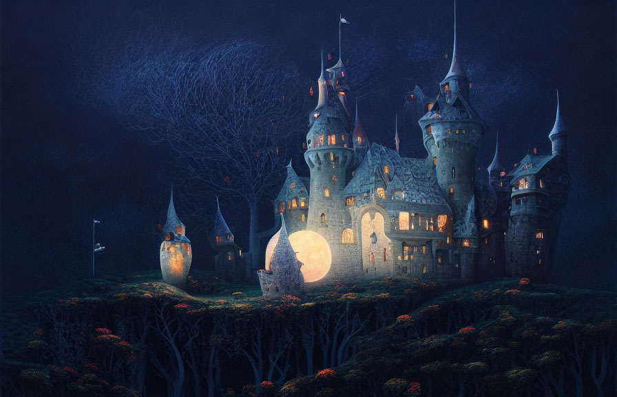 Mystical castle on cliff with autumn trees under glowing moon