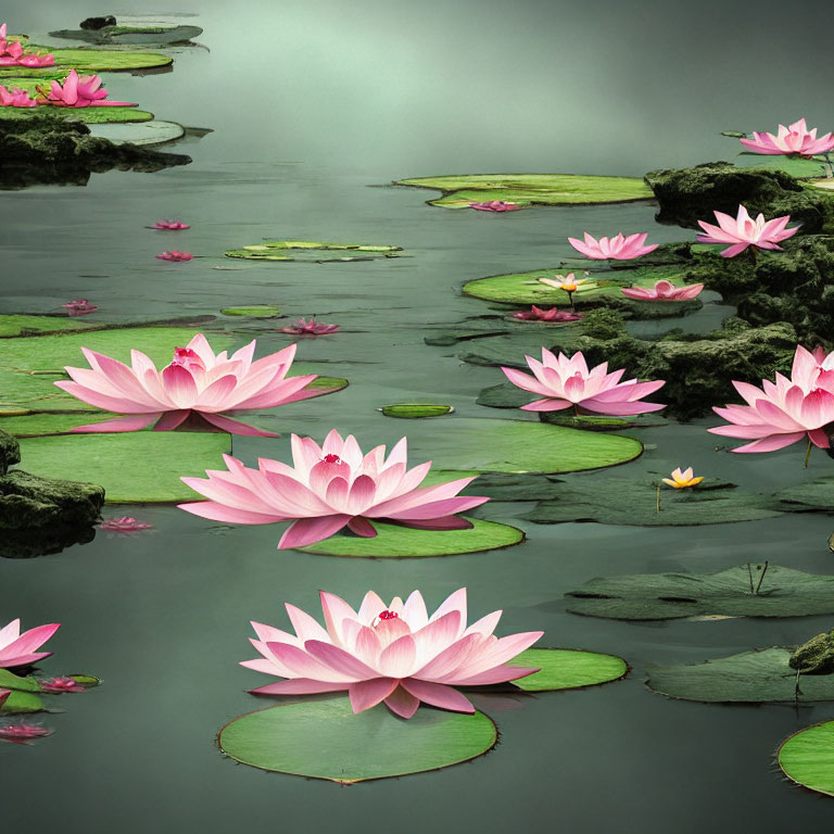 Tranquil Pond with Pink Lotus Flowers and Lily Pads
