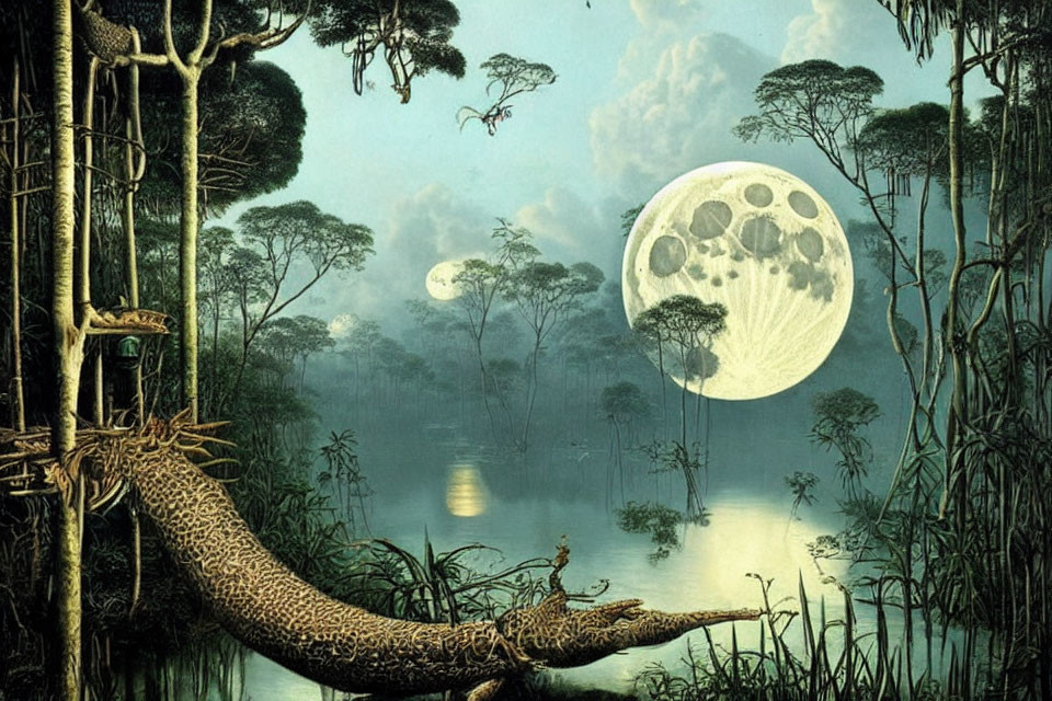 Enlarged moon illuminates surreal jungle waterway with detailed trees and jaguar