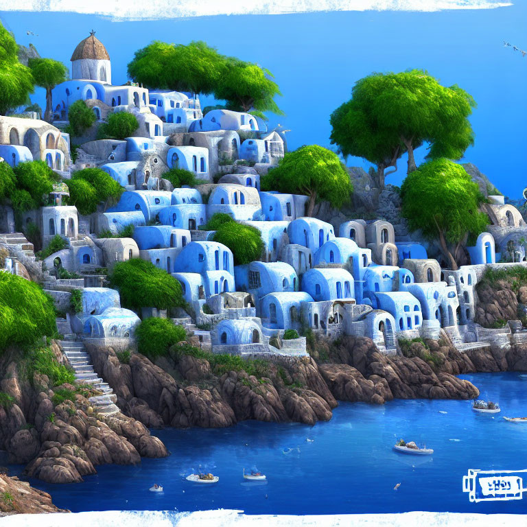 Traditional coastal village on hillside with blue sea and green trees