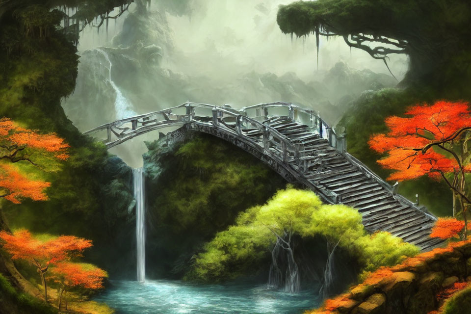 Mystical forest scene with wooden bridge, river, waterfalls, autumn trees