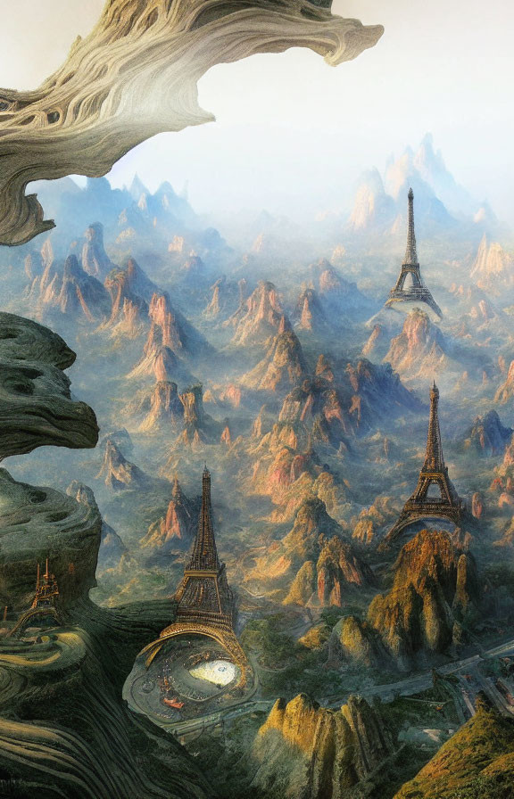 Fantastical landscape with multiple Eiffel Towers in mountains
