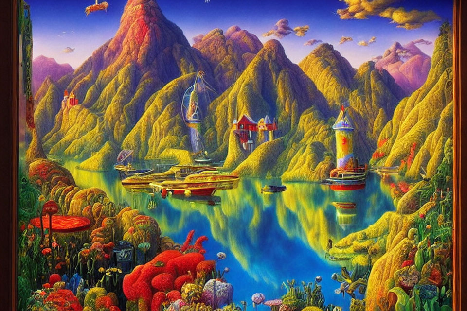 Colorful painting of golden mountains, boats, and floating houses in imaginative landscape