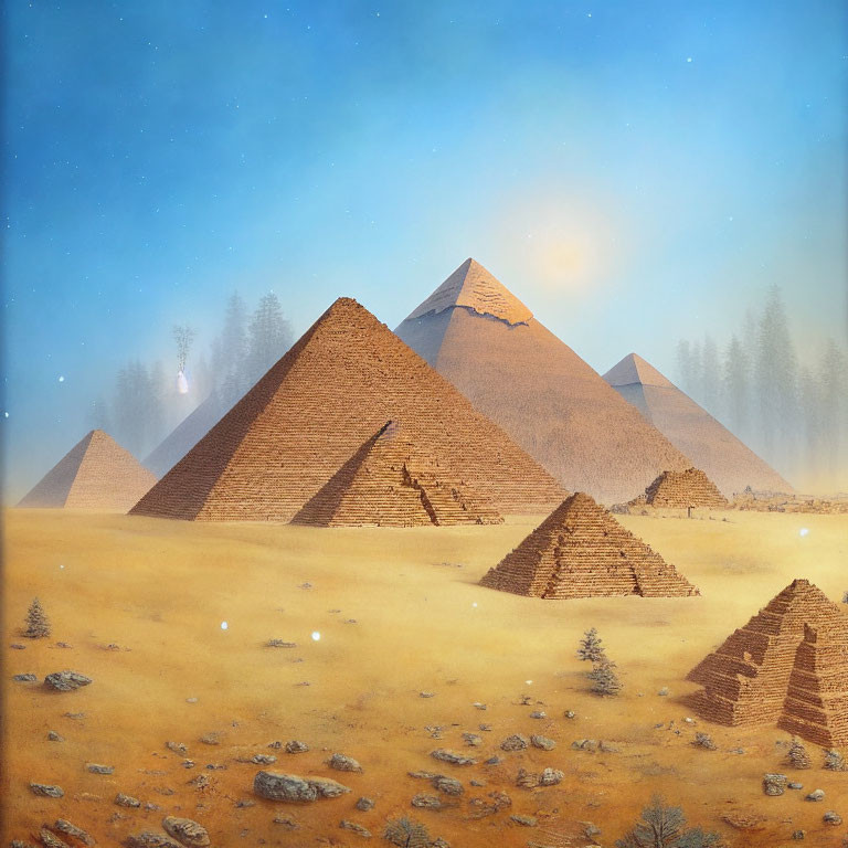 Giza Pyramid Complex in Desert with Starry Sky at Dawn