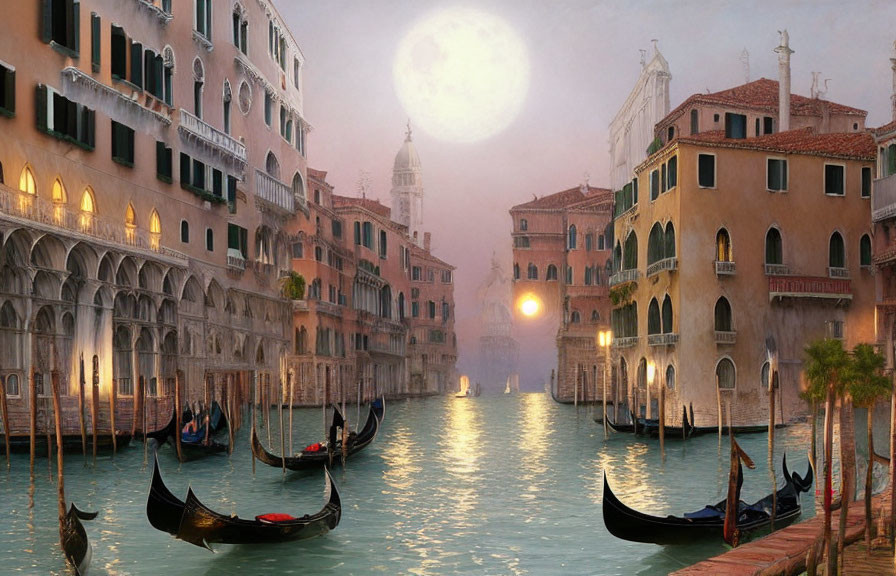 Historical buildings and gondolas on serene Venetian canal at dusk