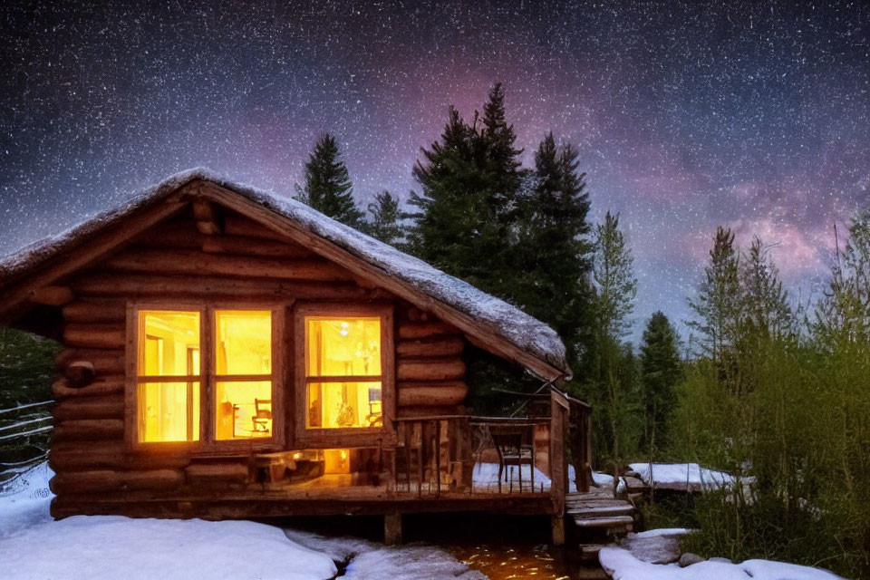 Snowy log cabin under starry night sky with warm light emanating from windows