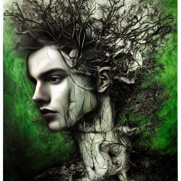 Surreal portrait with branches and roots on green background
