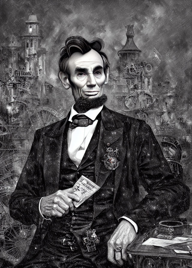 Detailed Black and White Abraham Lincoln Illustration with Mechanical Gears Background