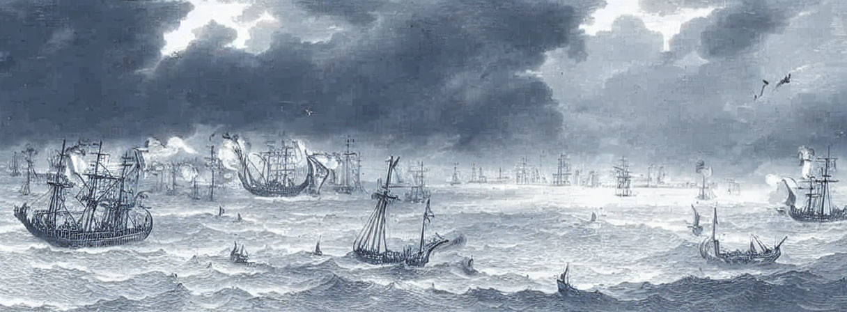 Monochromatic seascape with battling sailing ships in rough waves