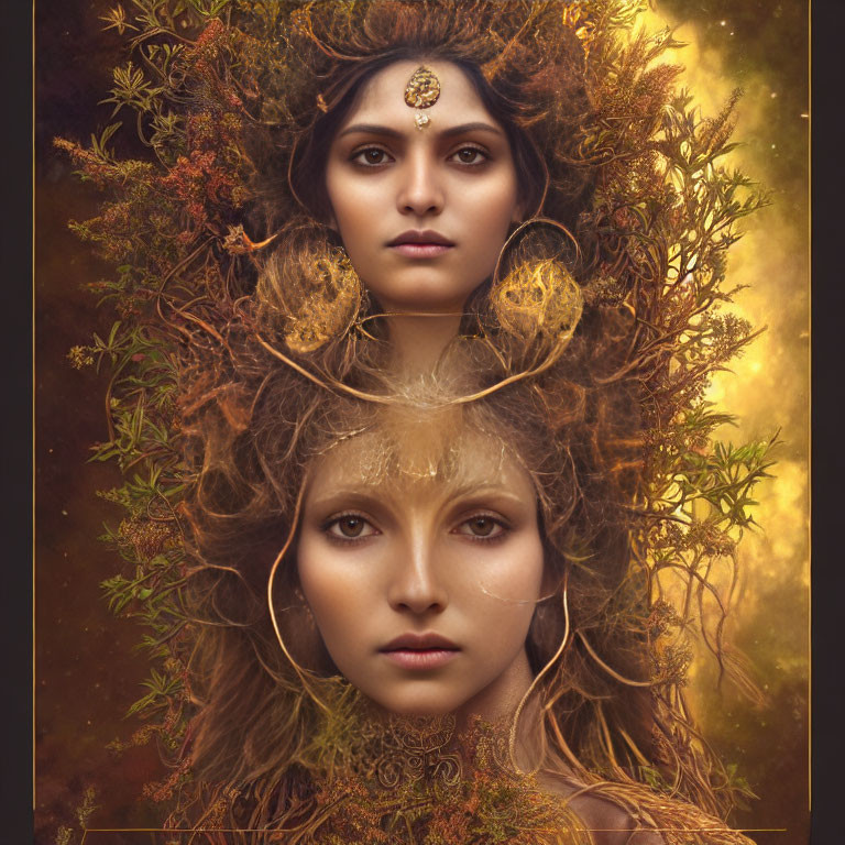 Digital composition: Two women's faces in autumn leaves with mystical glow