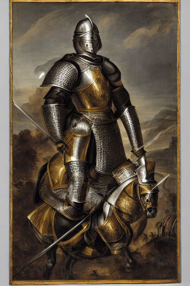 Knight in Shining Armor on Horseback with Lance in Battle Scene