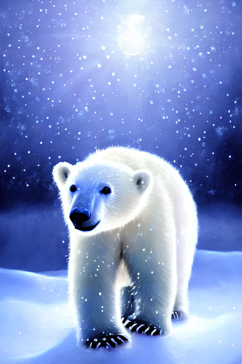 Smiling polar bear under starry sky with glowing moon on snowy landscape