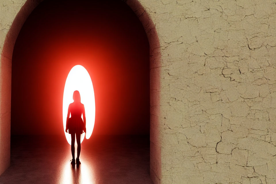 Person's Silhouette in Tunnel with Bright Red Light Casting Long Shadow