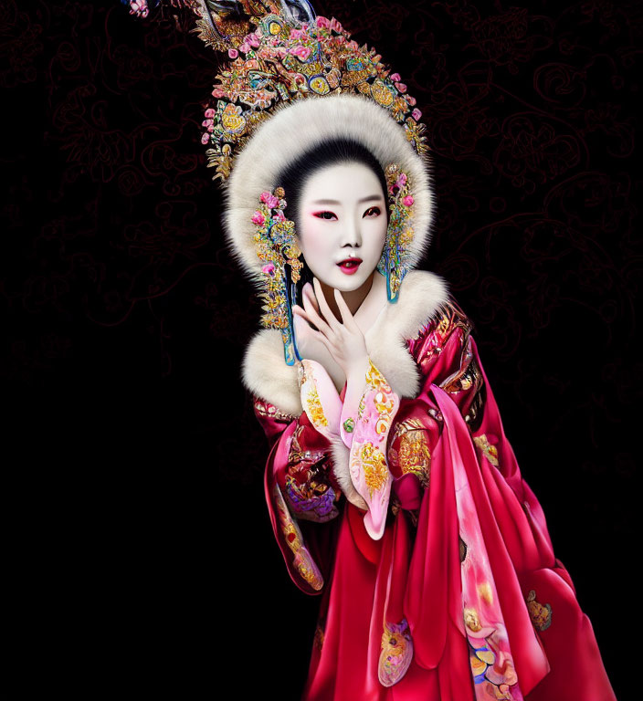 Traditional Asian Attire with Intricate Headdress and Red Clothing