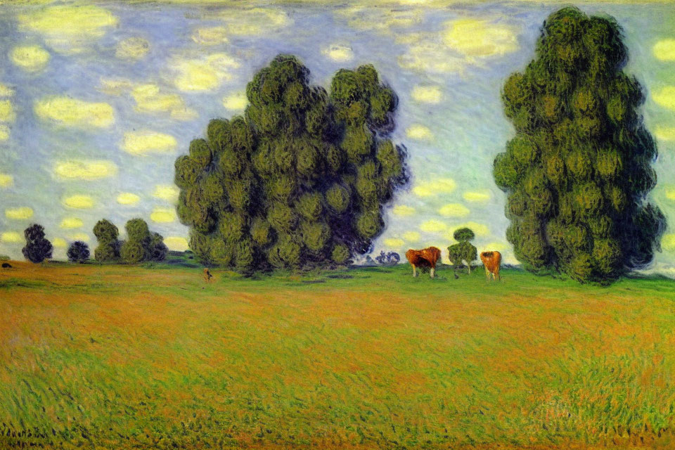 Landscape painting of meadow with tall trees, cows grazing under cloudy sky