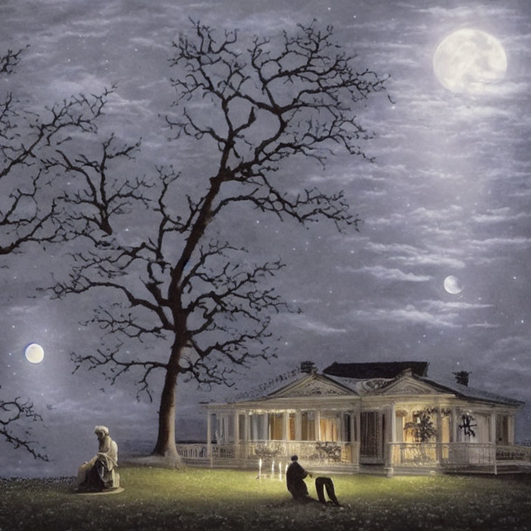 Tranquil night landscape with full moon, stars, silhouetted trees, house, people