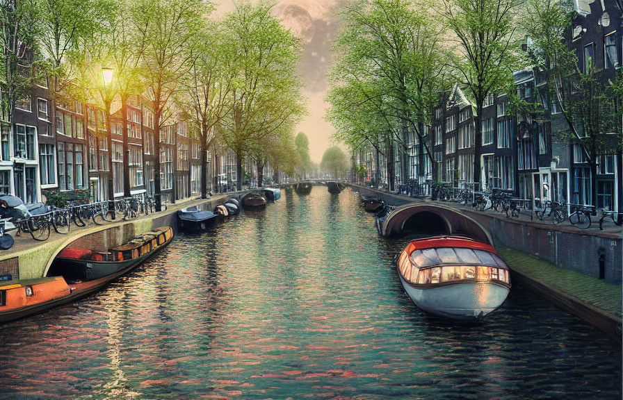 Tranquil canal scene with moored boats, trees, Dutch buildings, and bicycles at sunset