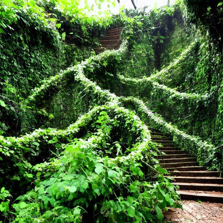 Verdant setting with overgrown vines on winding staircase