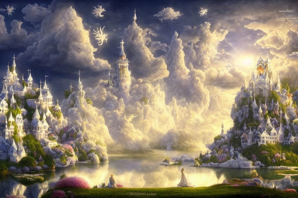 Ethereal fantasy landscape with castles, sunset, lake & birds