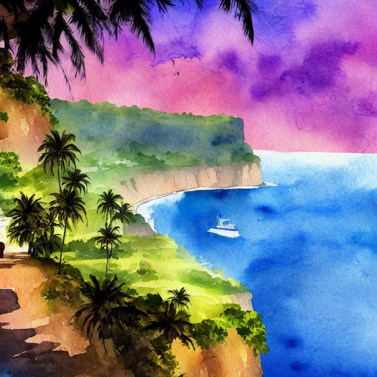 Tropical Coastal Watercolor Painting with Palm Trees and Sunset Sky