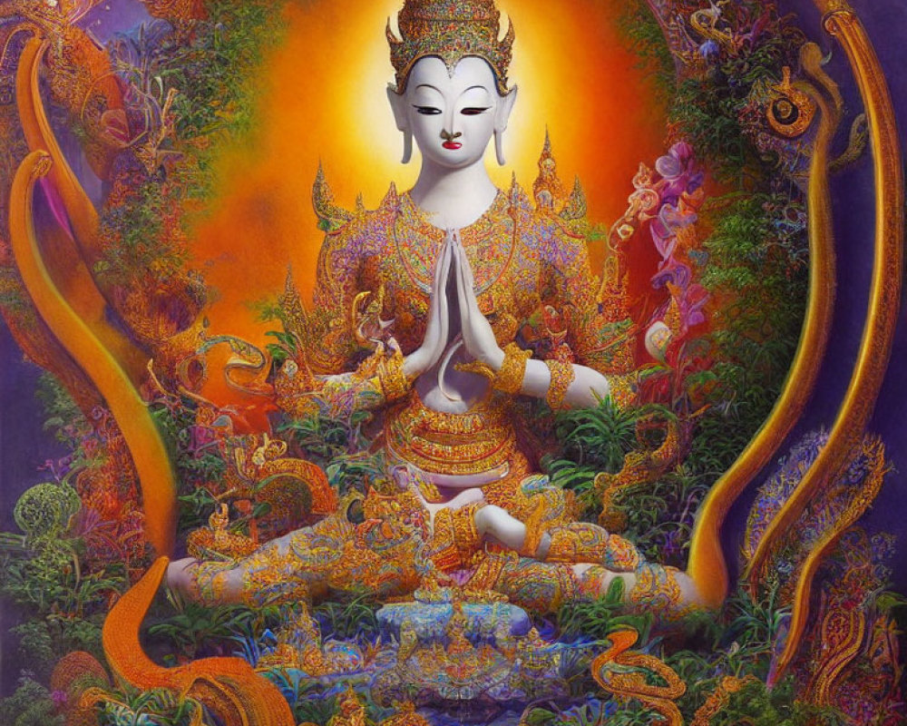 Colorful Meditating Figure with Multiple Arms in Ornate Setting