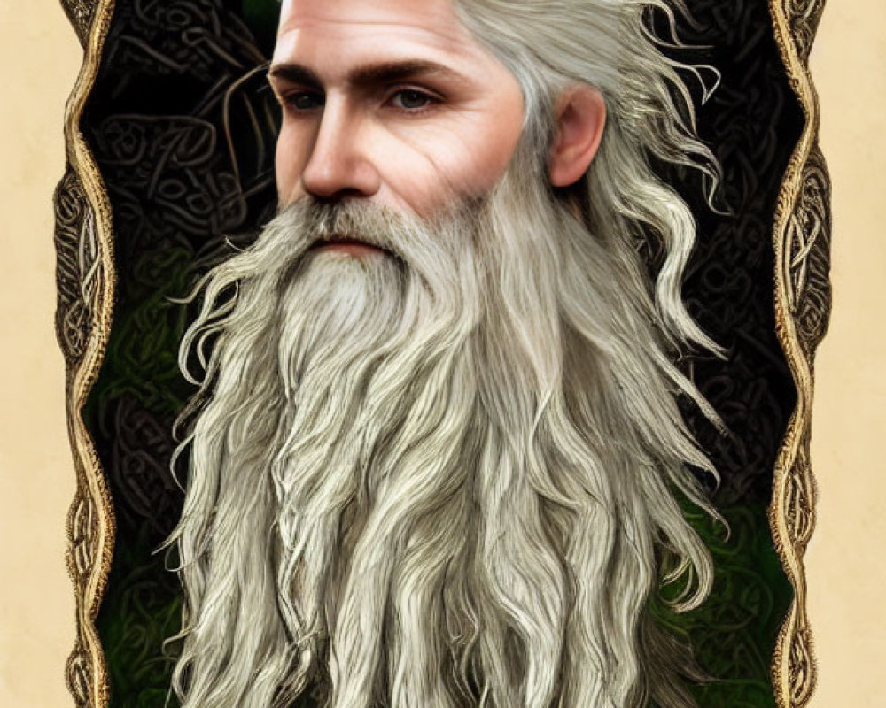 Detailed illustration of elderly man with long white beard and Celtic border.