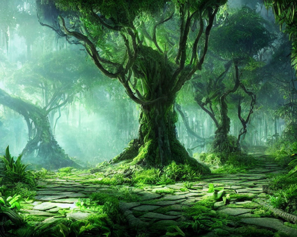 Moss-covered stone path in misty forest with ancient trees