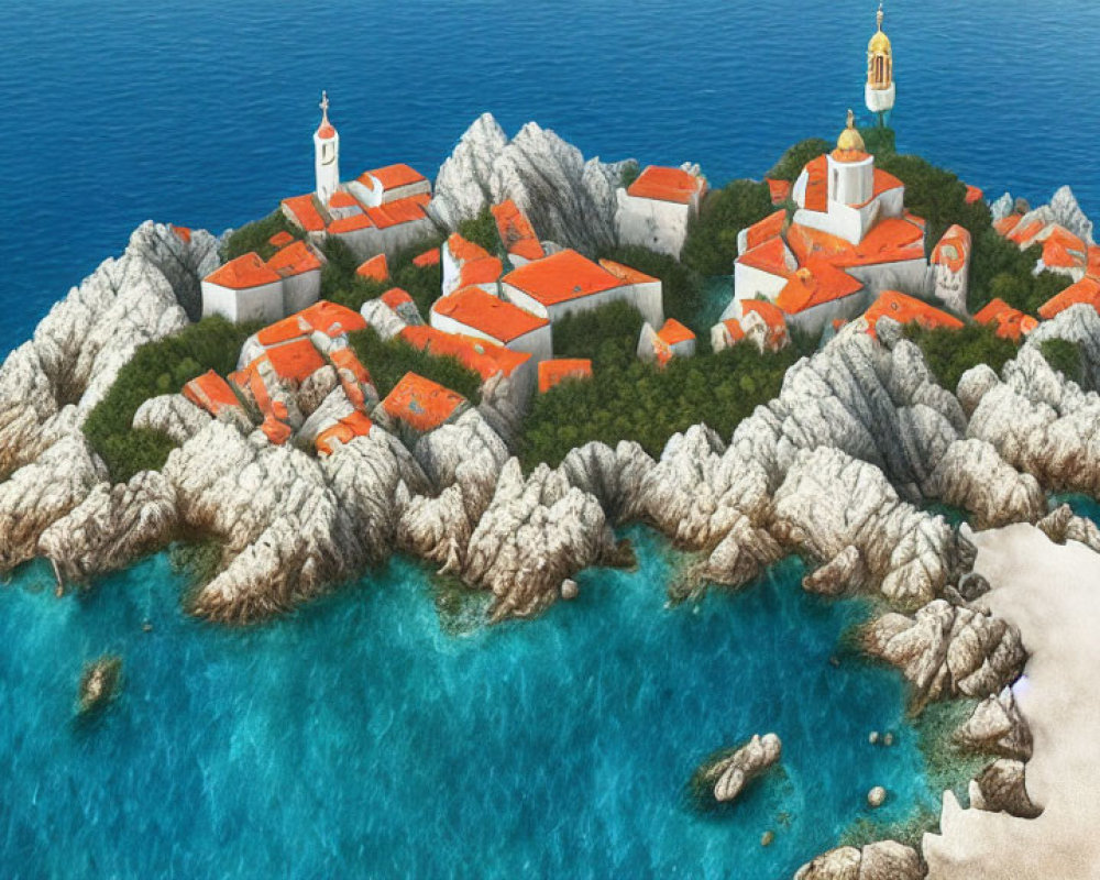 Picturesque island with rocky shores, red-roofed buildings, and church tower in clear blue sea