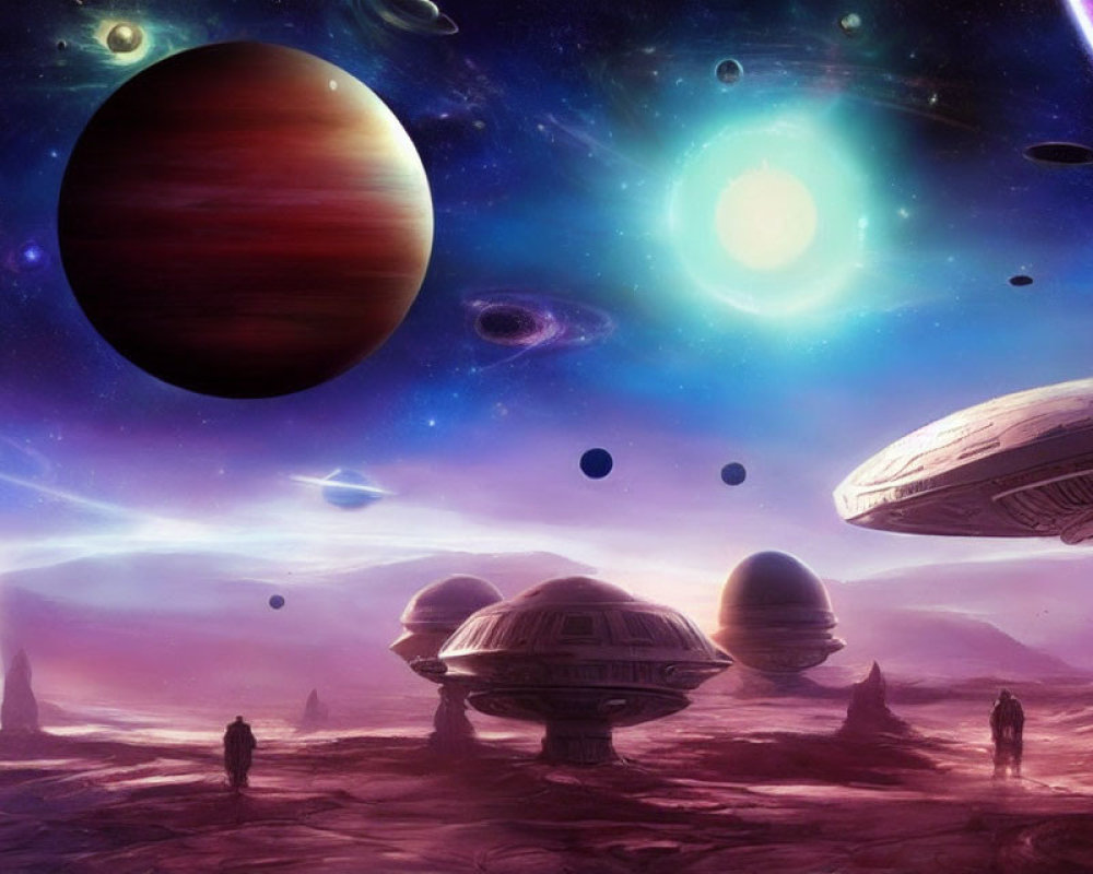 Alien planet with moons, sun, UFO spacecraft, and explorers