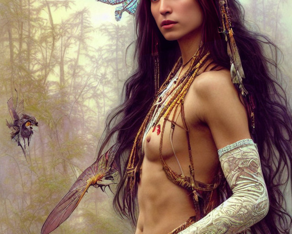 Fantasy figure with butterfly wings in misty forest wearing Native American-inspired headdress.