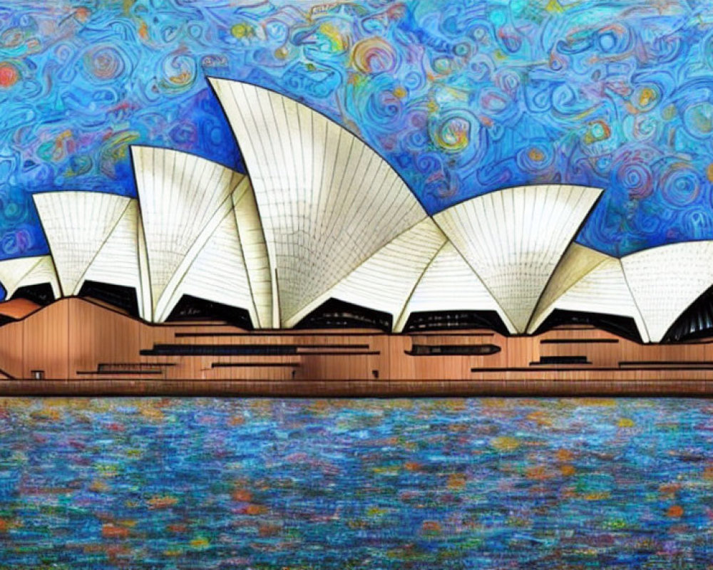 Sydney Opera House with Van Gogh-style blue sky and water