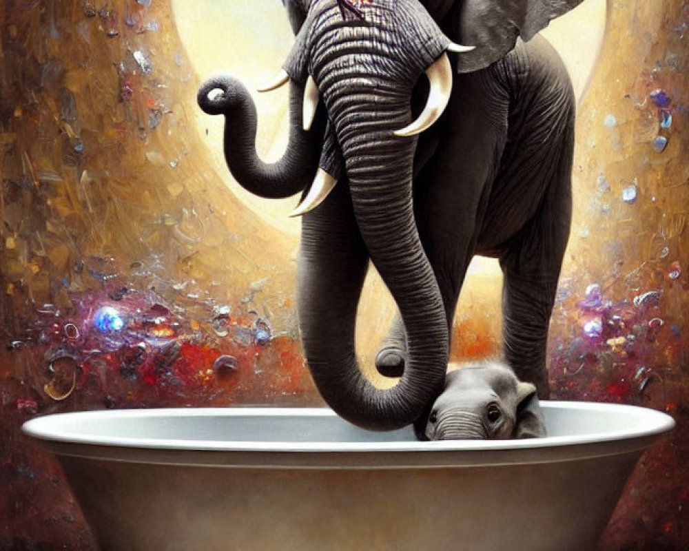 Adult and Baby Elephant Bathtub Scene with Cosmic Background