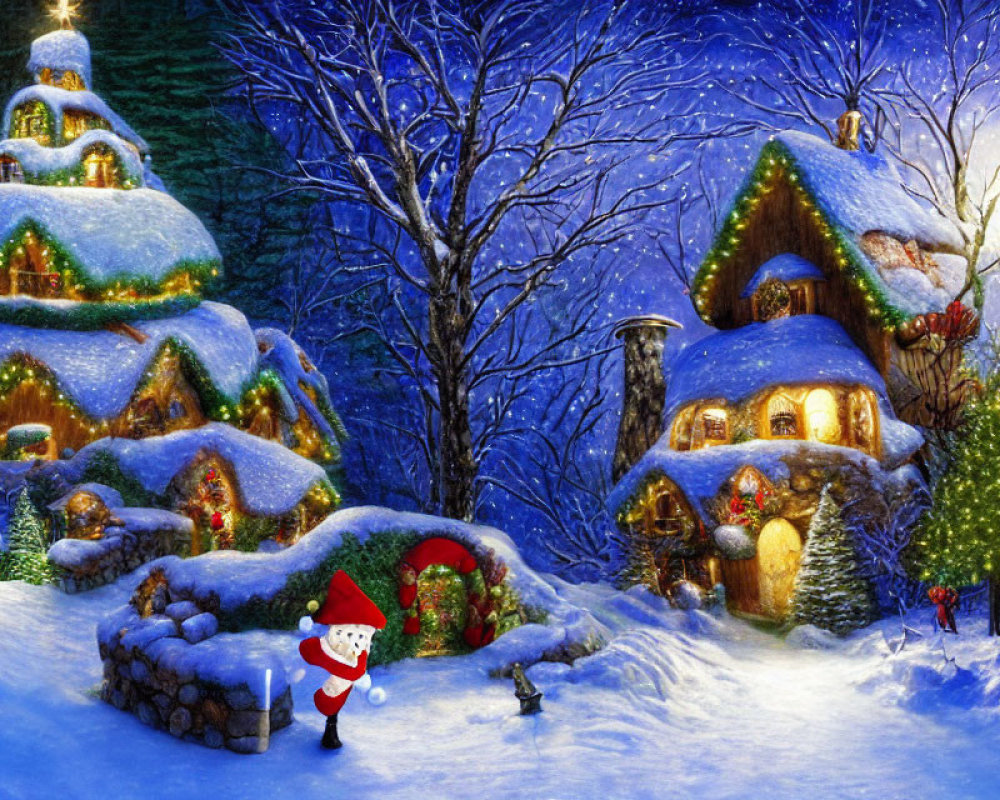 Snow-covered cottages, decorated trees, full moon, and Santa Claus in a winter scene