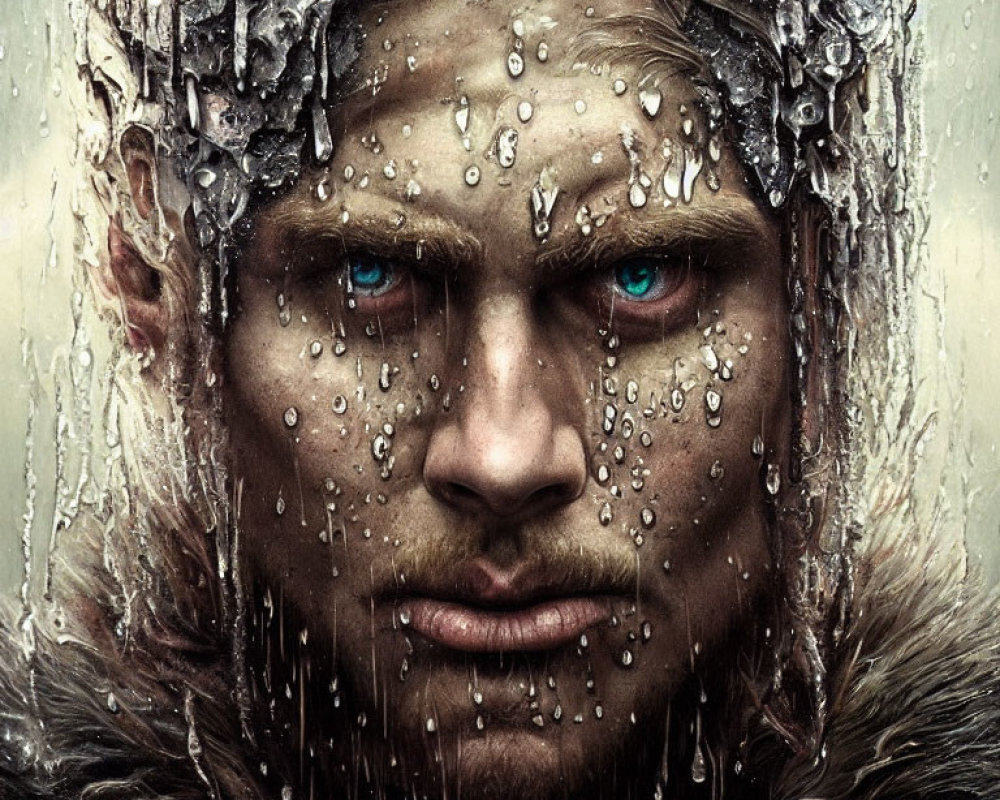 Intense blue-eyed person in fur clothing with wet skin and water droplets.