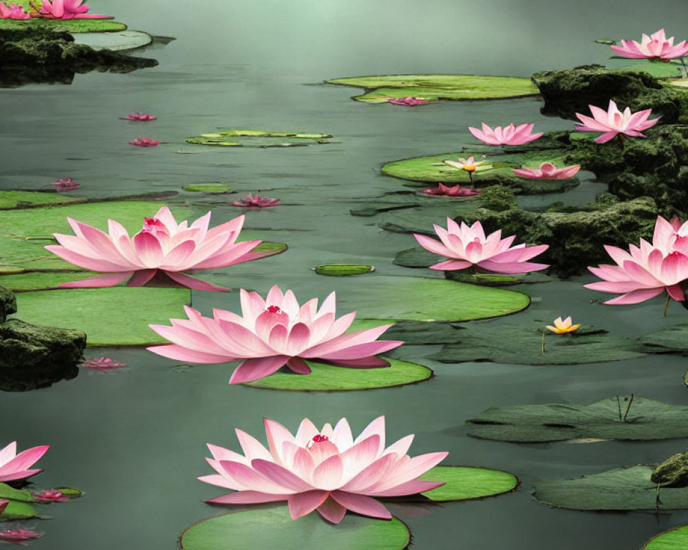 Tranquil Pond with Pink Lotus Flowers and Lily Pads