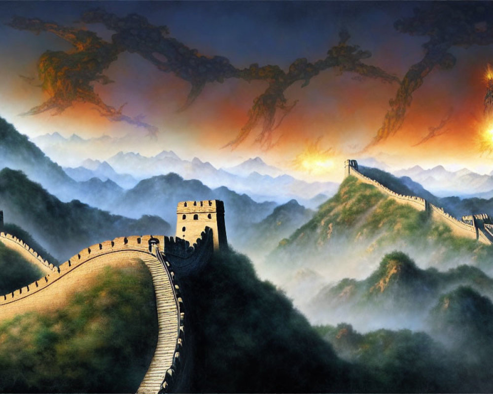 Great Wall of China winding over lush mountains under dramatic sky