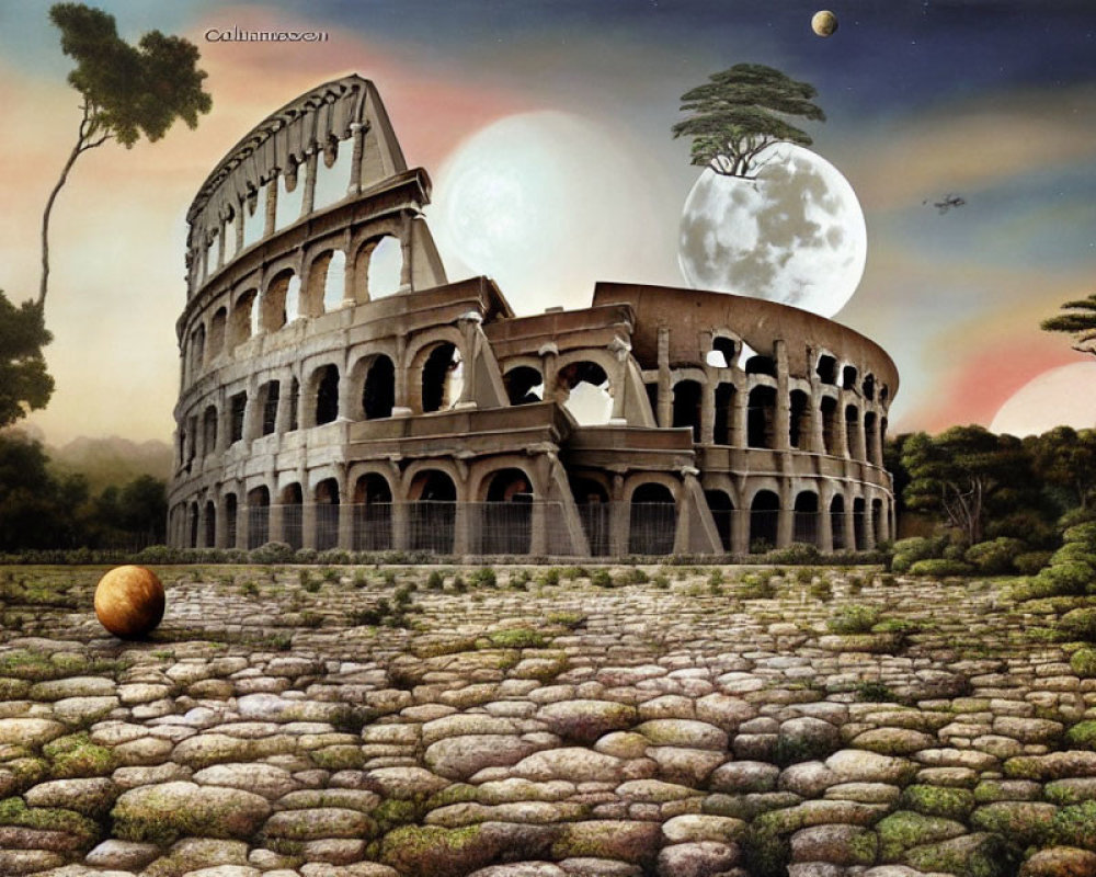Surreal landscape with Colosseum, cracked ground, moons, tree, and orange sphere