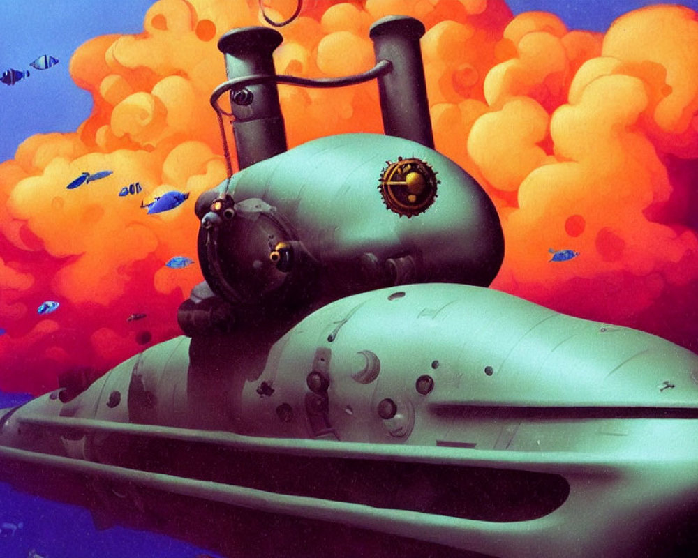 Colorful Cartoon Submarine Surrounded by Fish and Bubbles