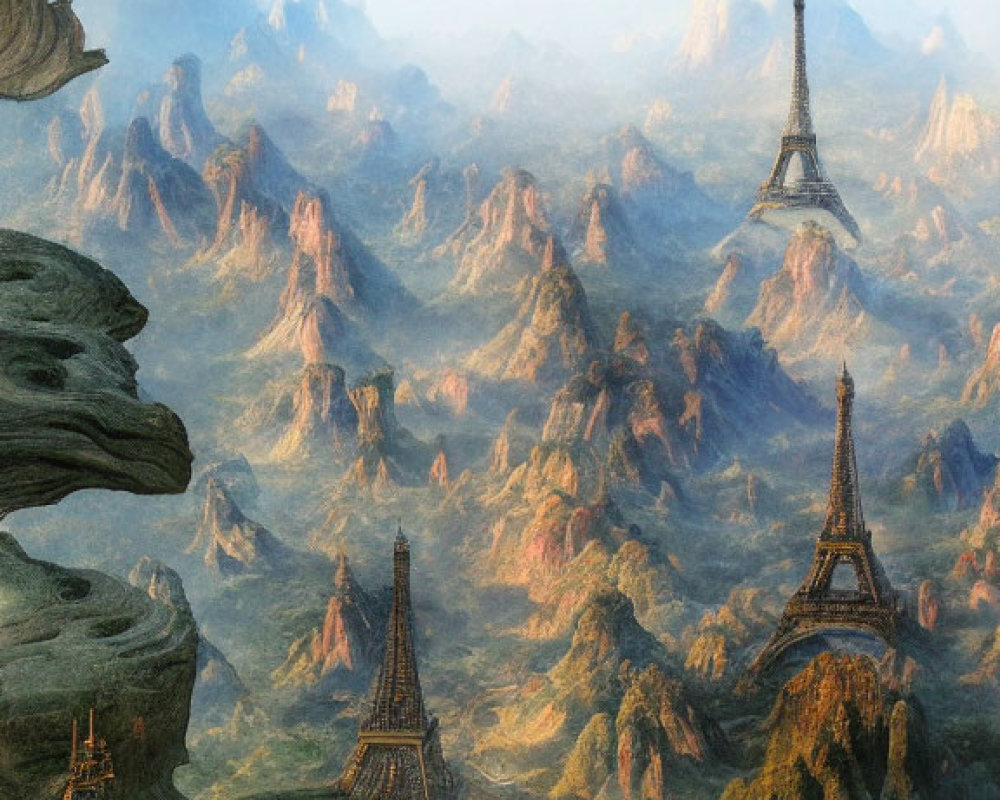 Fantastical landscape with multiple Eiffel Towers in mountains