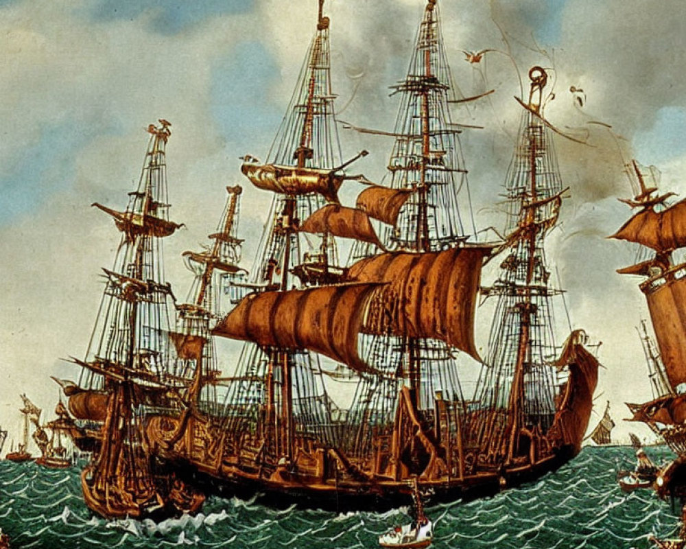 Detailed vintage maritime illustration with ornate galleons and smaller boats at sea