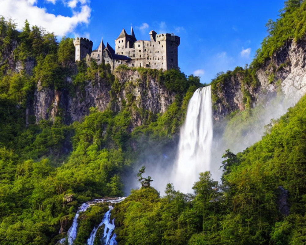 Majestic castle on cliff with waterfall in lush greenery