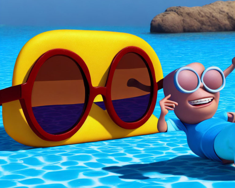 Stylized 3D animated character sunbathing by pool with oversized red sunglasses