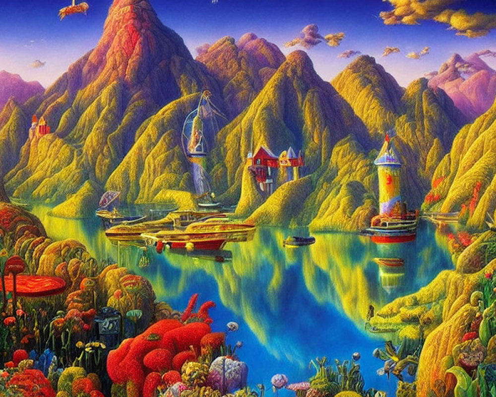 Colorful painting of golden mountains, boats, and floating houses in imaginative landscape